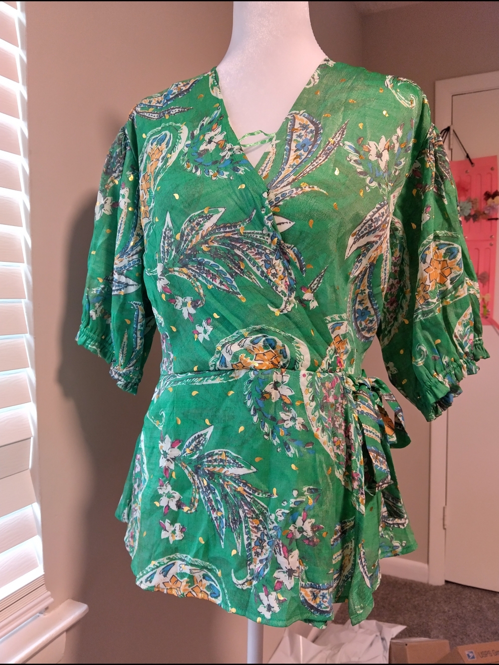 Harve Benard Green Paisley Wrap Top with Tie Waist